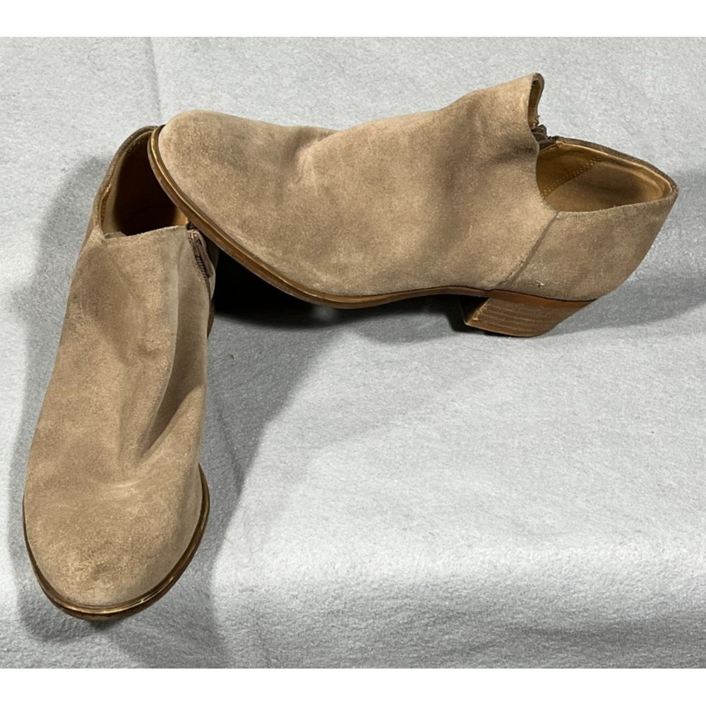 Lucky Brand Basel Booties Taupe Suede Low Ankle Boots Double Side Zip Size {10M}
